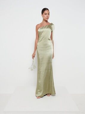 One-Shoulder Satin Maxi Dress in Olive